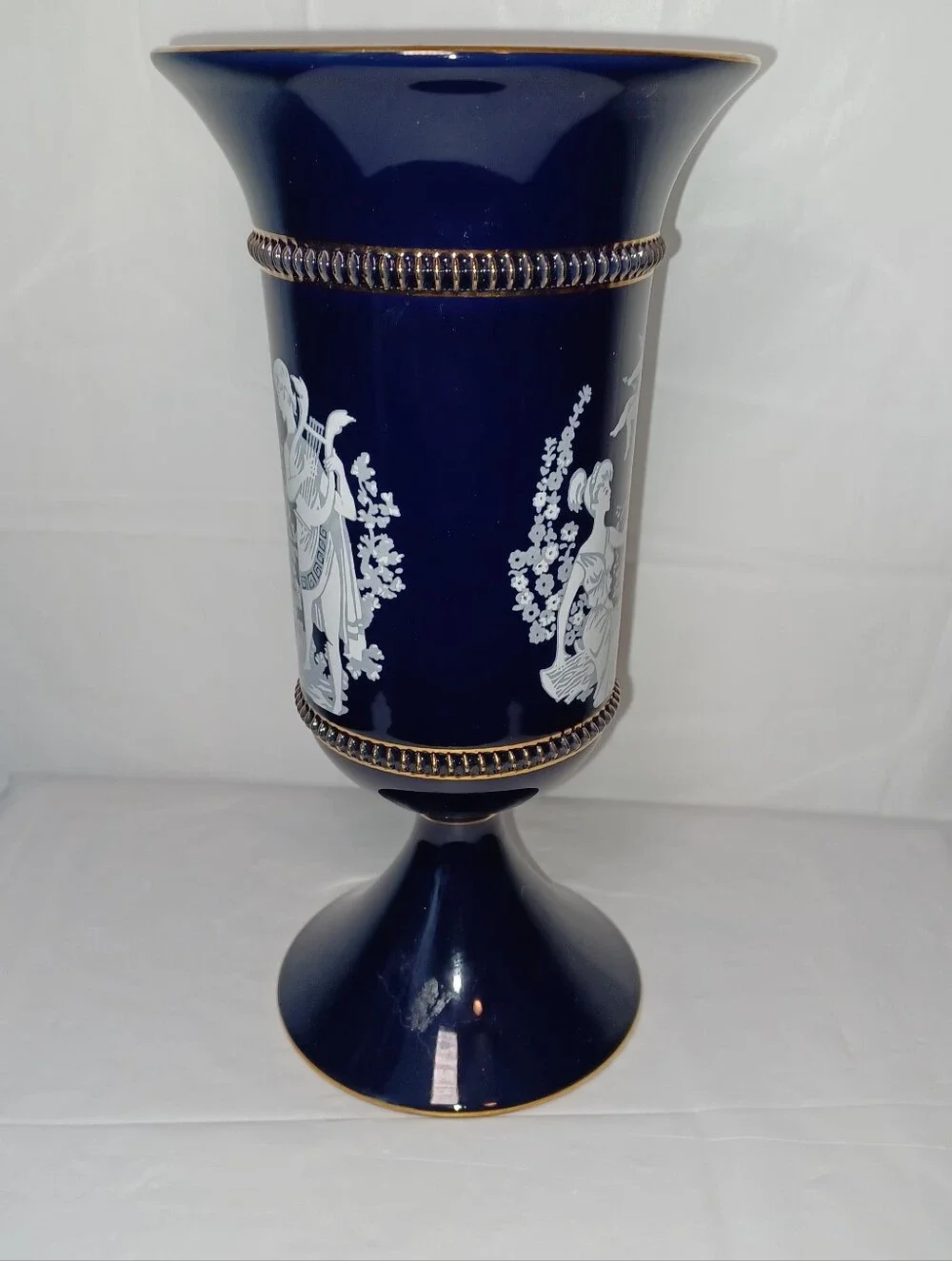 Vintage Hand Made Florentine Italy Blue Classical Vase with White Cameo Motif